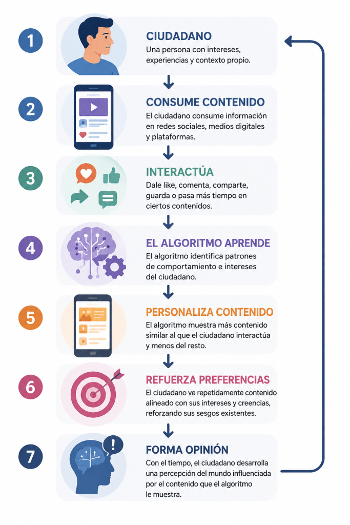 Incluir un modelo visual Yo agregaría una gráfica sencilla dentro del artículo: Ciudadano ↓ Consume contenido ↓ Interactúa ↓ Algoritmo aprende ↓ Personaliza contenido ↓ Refuerza preferencias ↓ Forma opinión