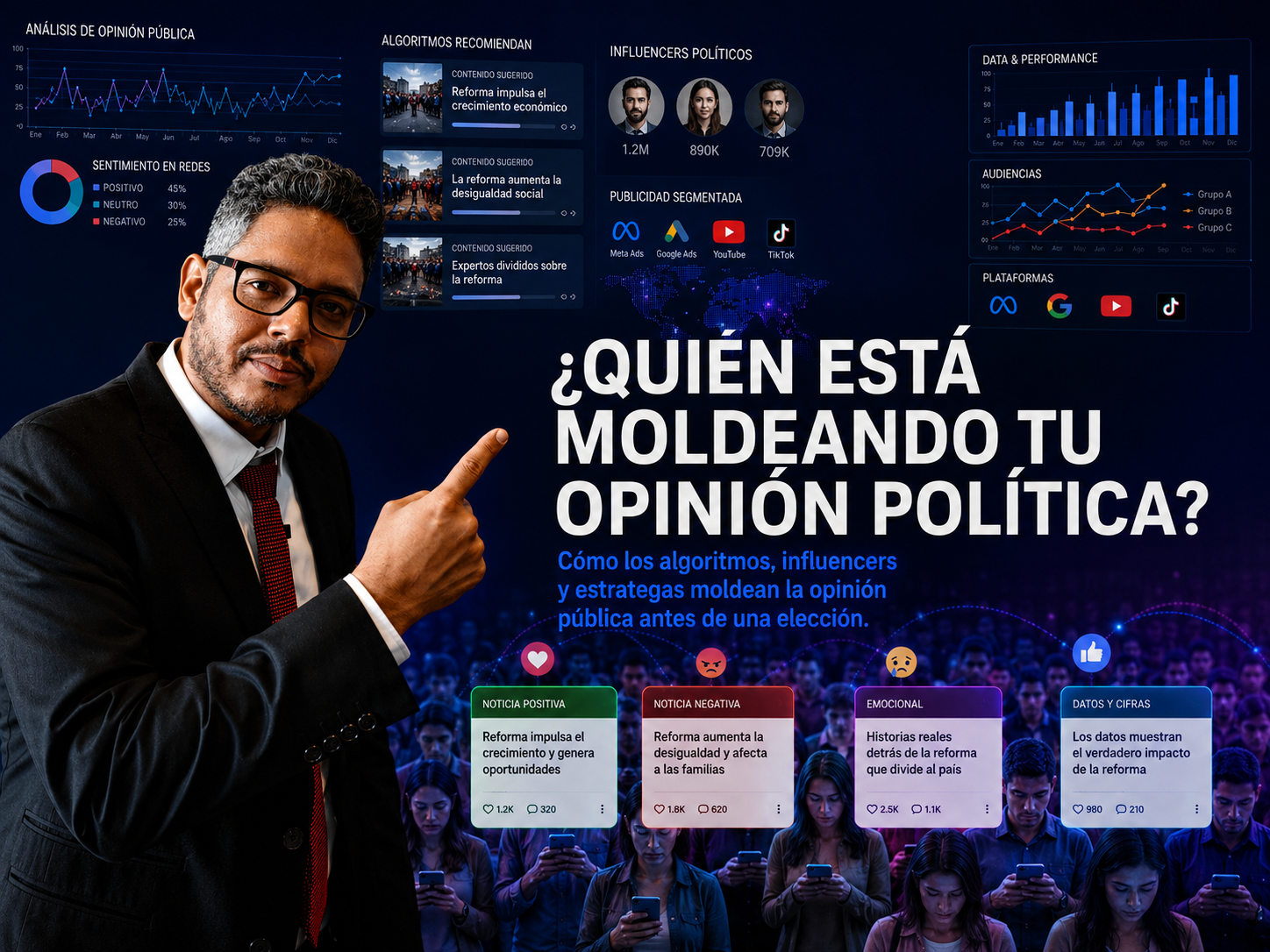 Estratega de marketing político analizando algoritmos, influencers, framing, opinión pública, inteligencia artificial y comportamiento electoral en redes sociales.