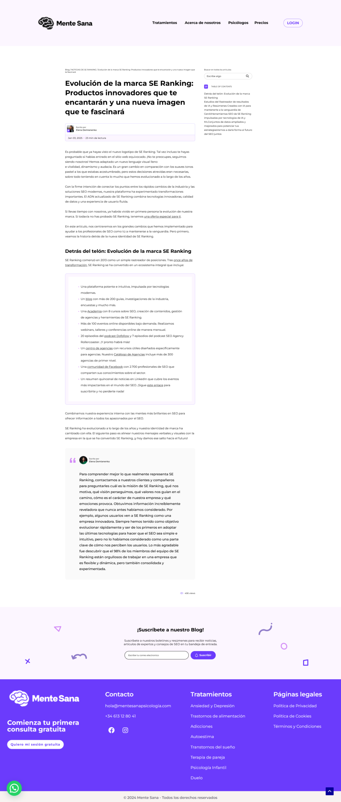 Wireframe de un artículo de Mente Sana con autor, tiempo de lectura, tabla de contenidos y cita profesional