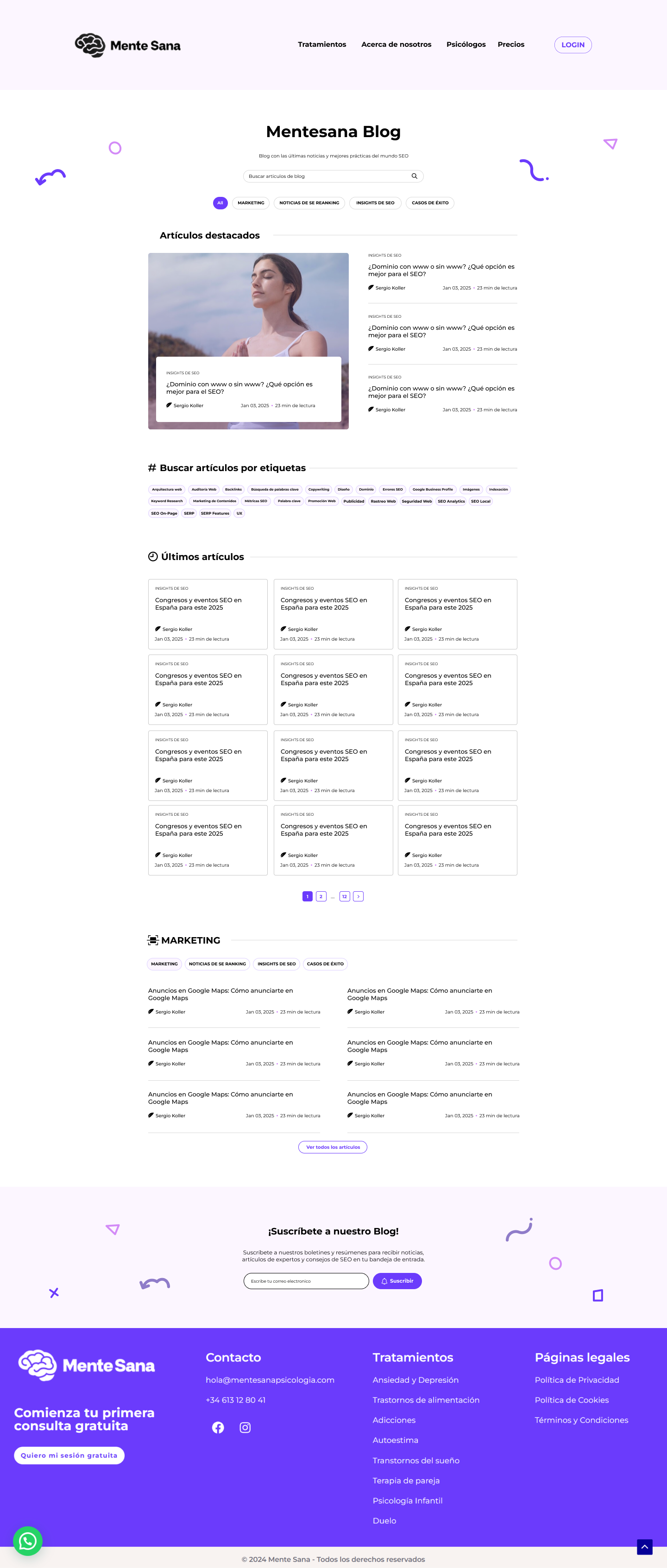 Wireframe de la portada del blog de Mente Sana con buscador, categorías, artículos destacados y suscripción